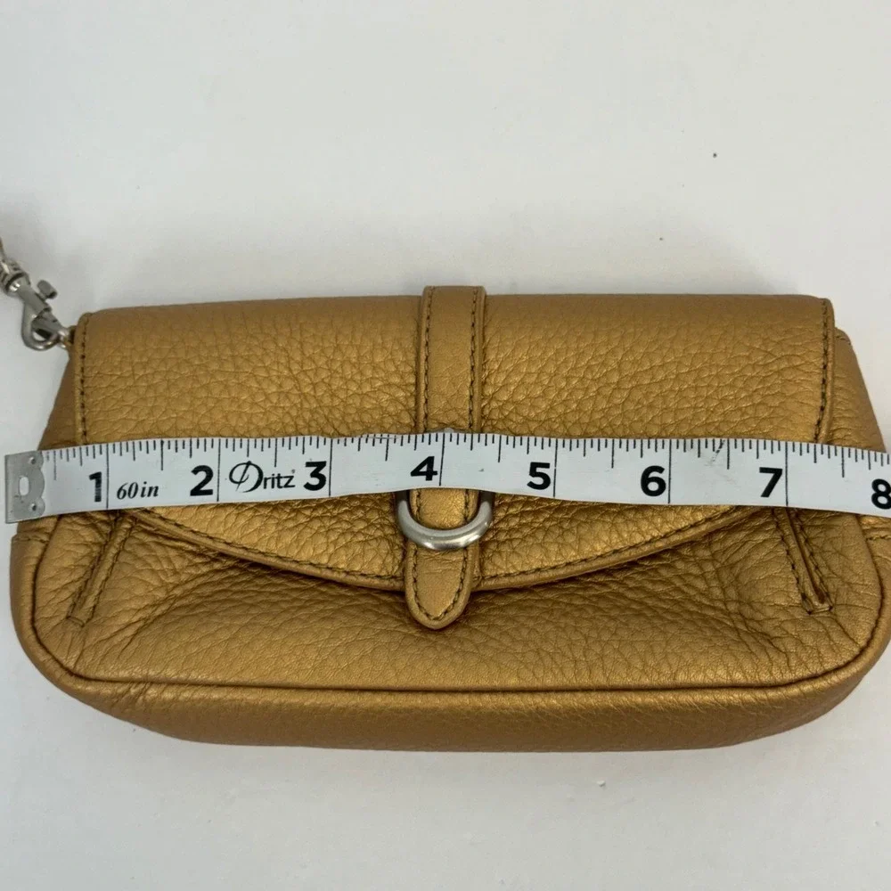 Talbots Metallic Gold Pebbled Leather Wristlet Clutch Bag Silver Buckle‎ Detail